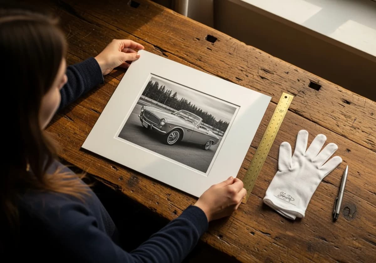 Hands laying a matted automotive print on a wood workbench