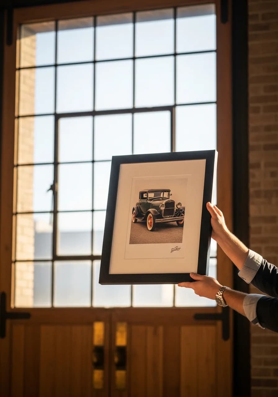 A framed automotive print held up to a steel-framed studio window