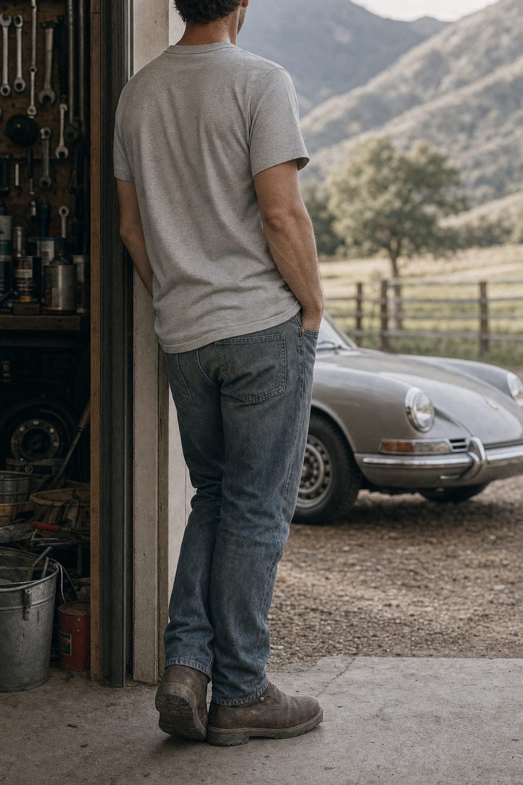 Full-length view of the soft tee in a garage doorway