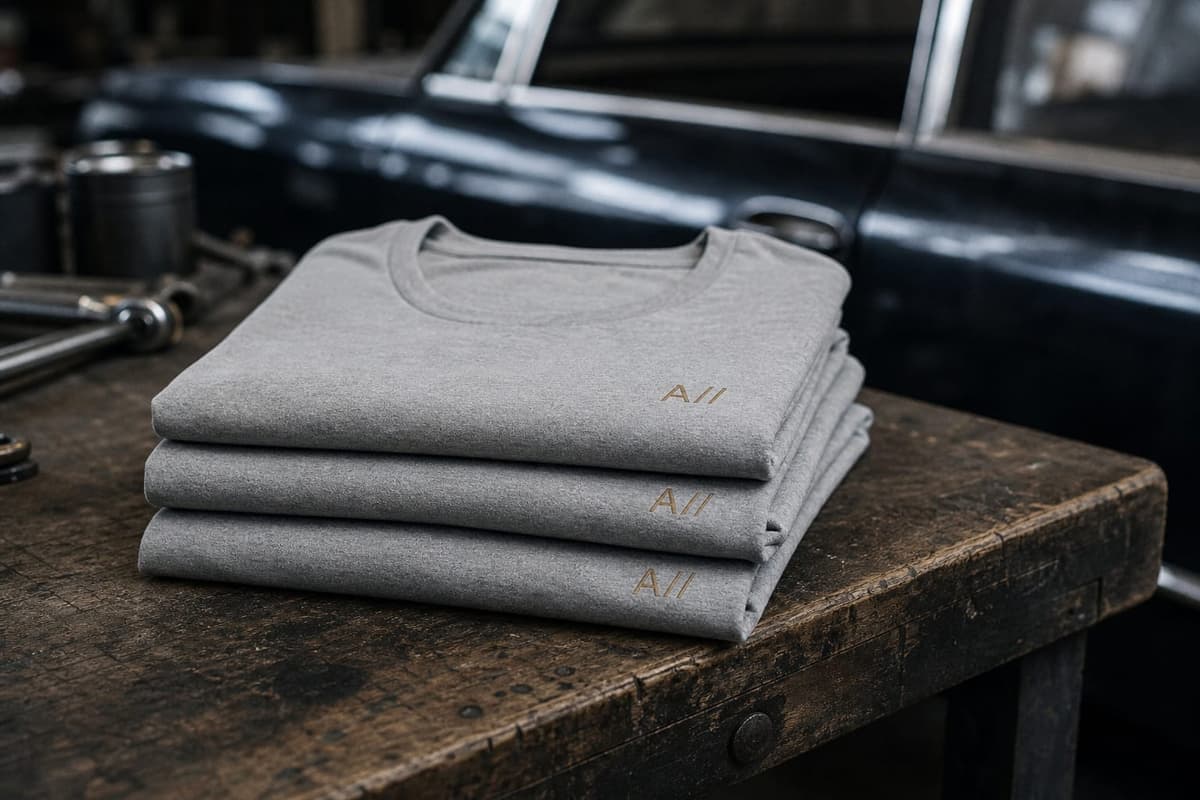 Soft tees folded in a stack on a garage workbench