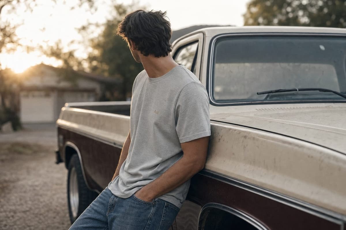 A person in the soft tee leaning on an old truck at dusk