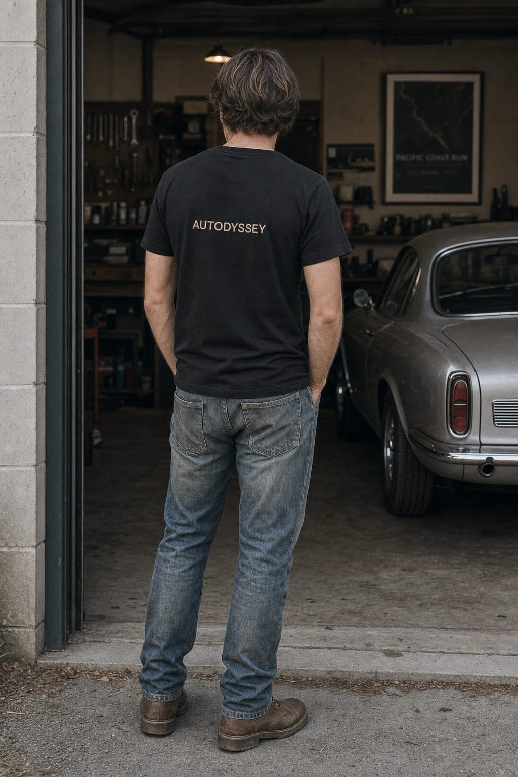 Full-length view of the black classic tee in a garage doorway