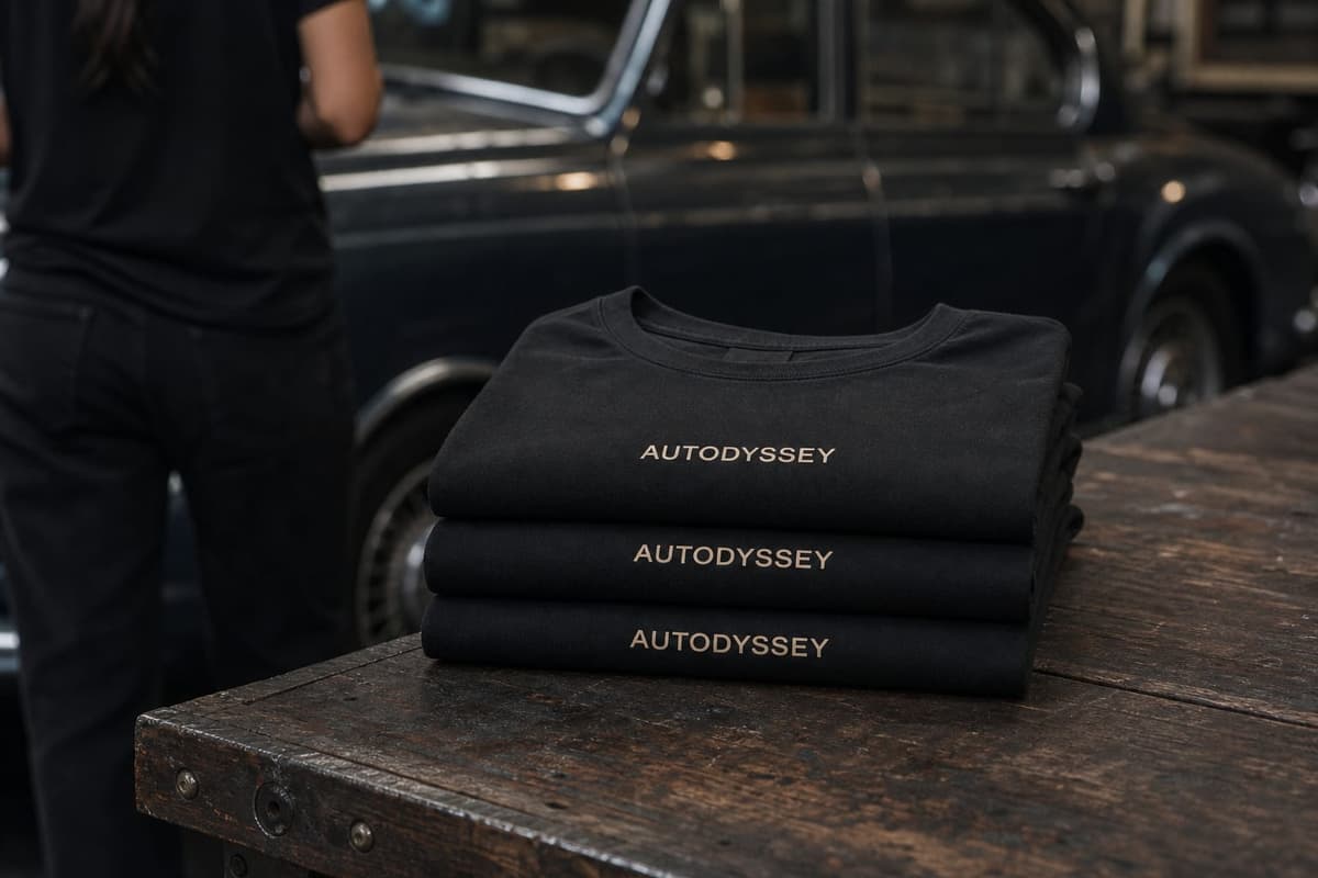 Three black classic tees folded on a garage workbench