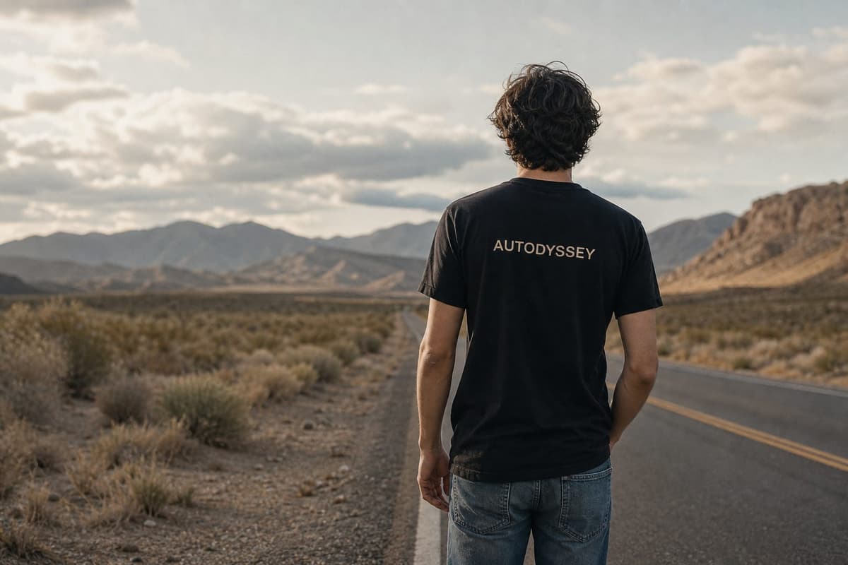 A person walking a quiet desert road in the black AUTODYSSEY classic tee