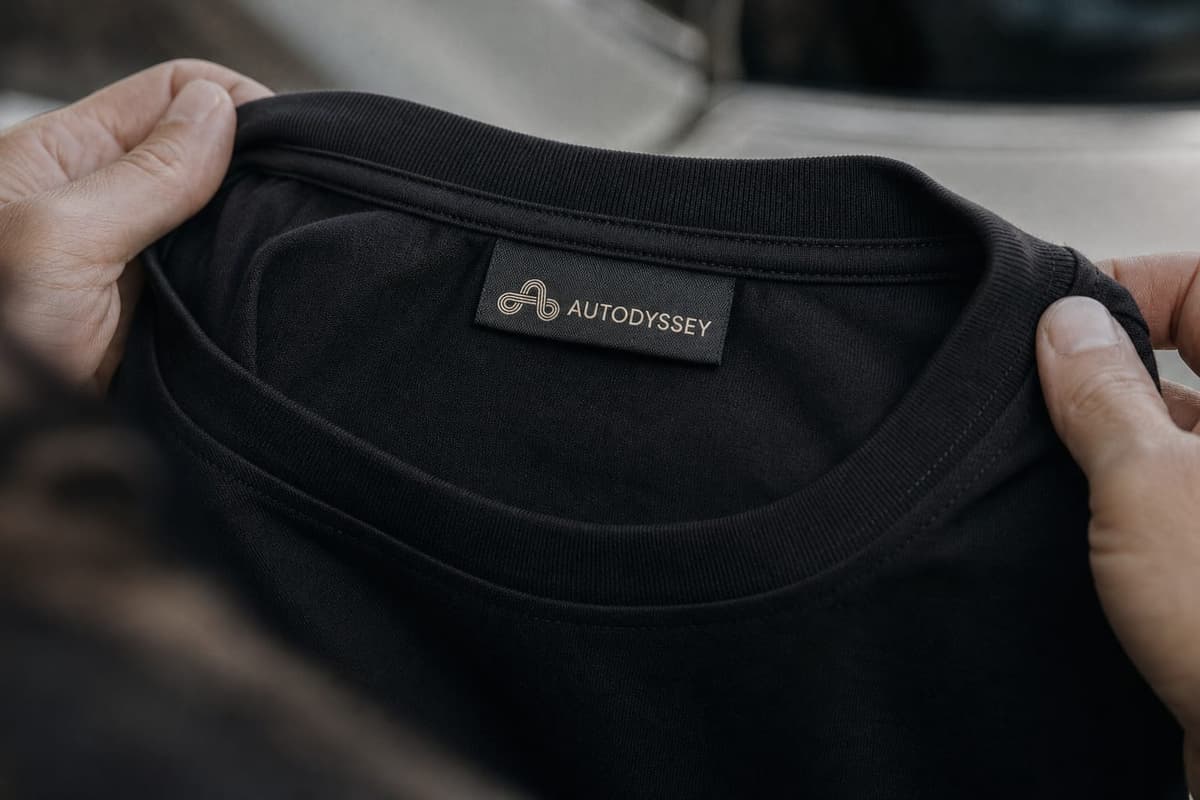 The woven AUTODYSSEY neck label inside the collar