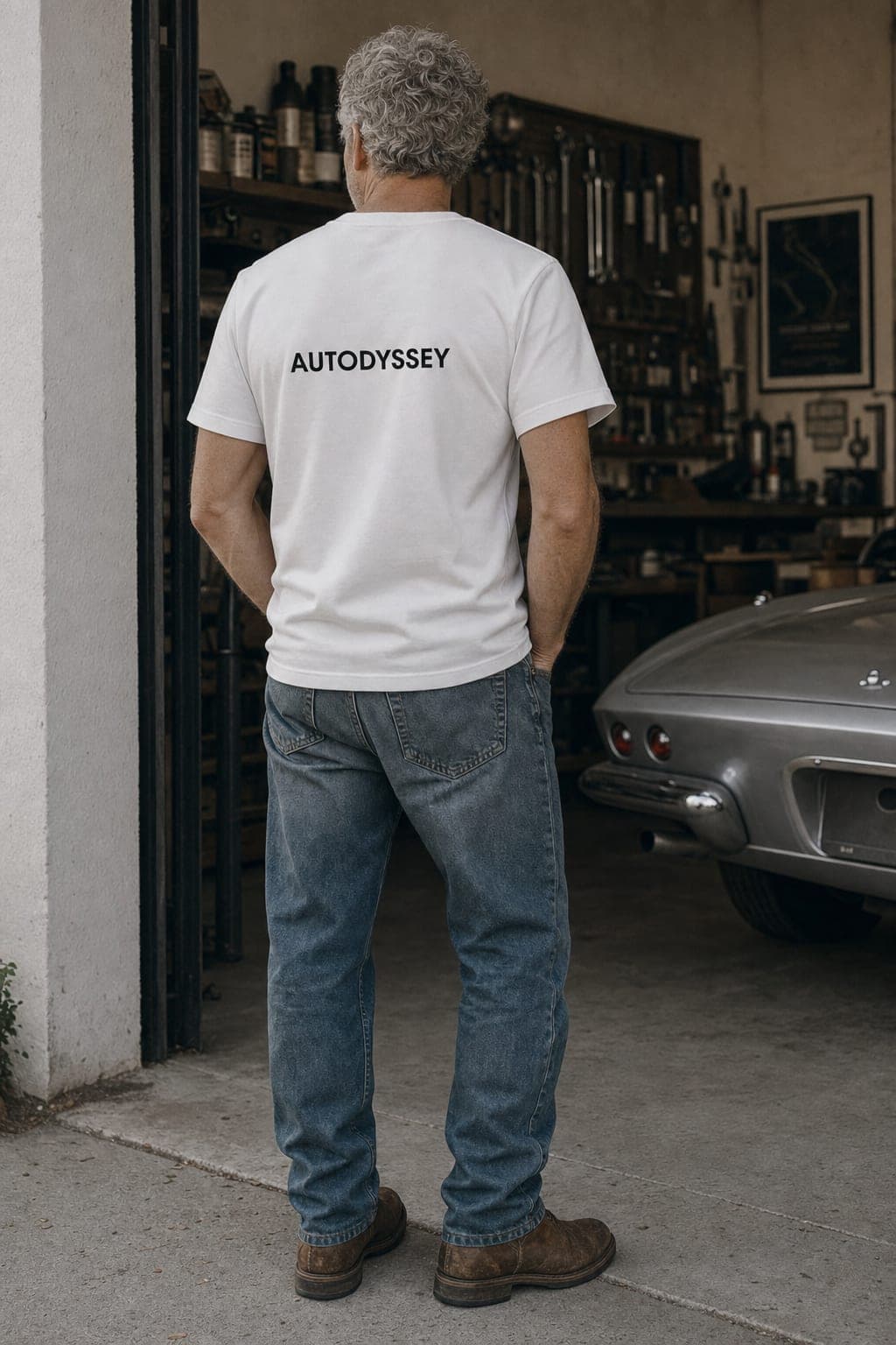 Full-length view of the white classic tee in a garage doorway