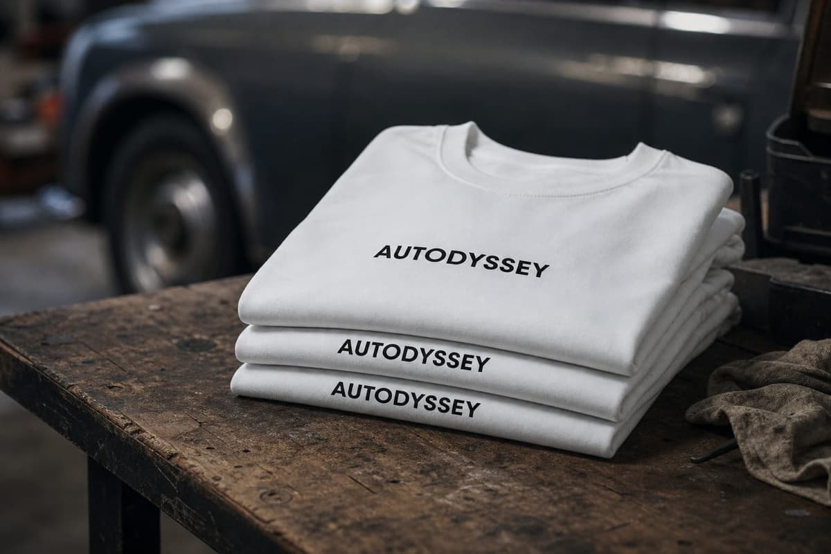 White classic tees folded on a garage workbench