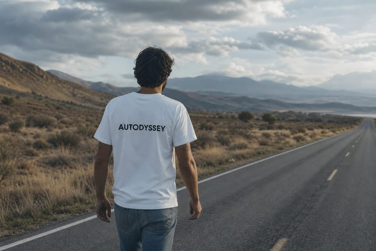 A person on a quiet road wearing the white AUTODYSSEY classic tee