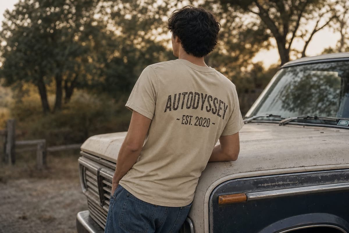 A person in the vintage tee beside an old pickup at evening light