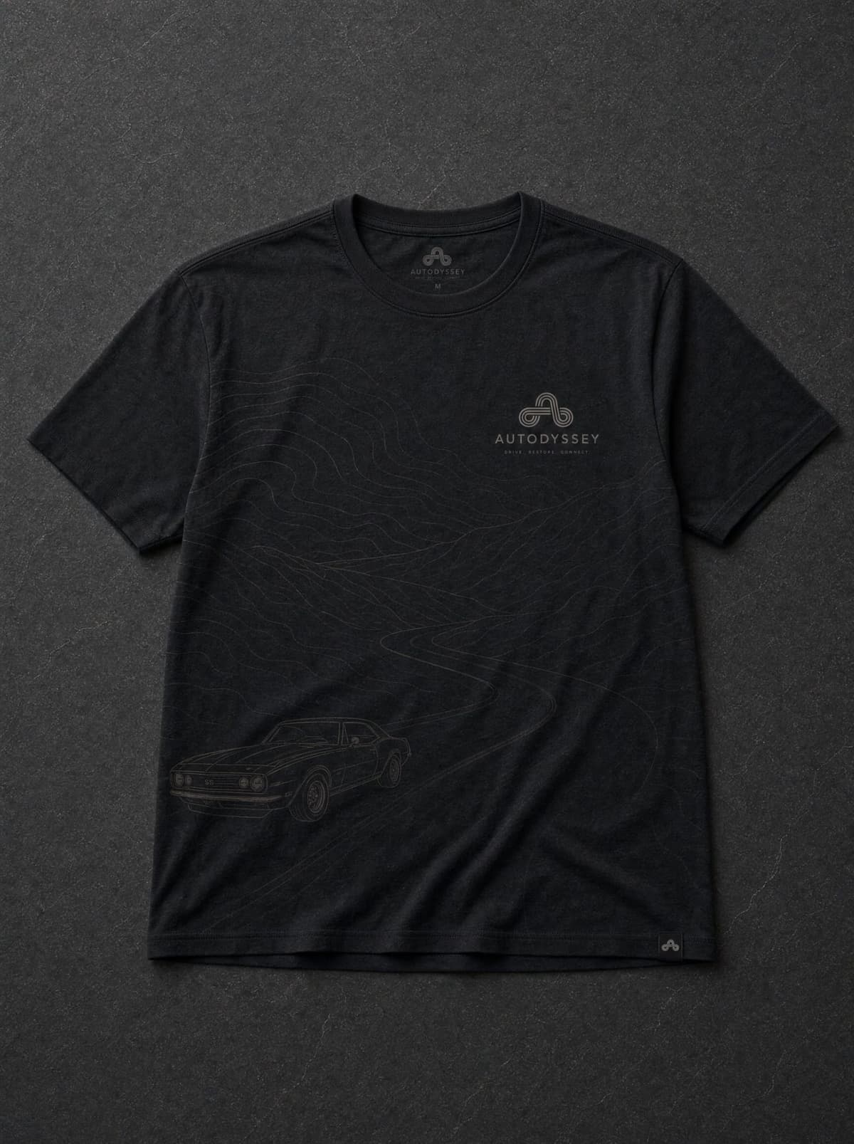 The charcoal Model Line tee with a first-generation Camaro drawn on the wider valley route