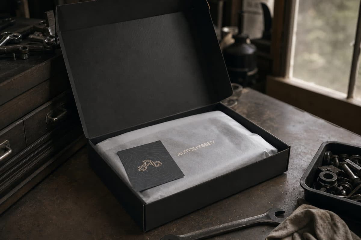 An open black mailer box with a folded tee wrapped in glassine paper