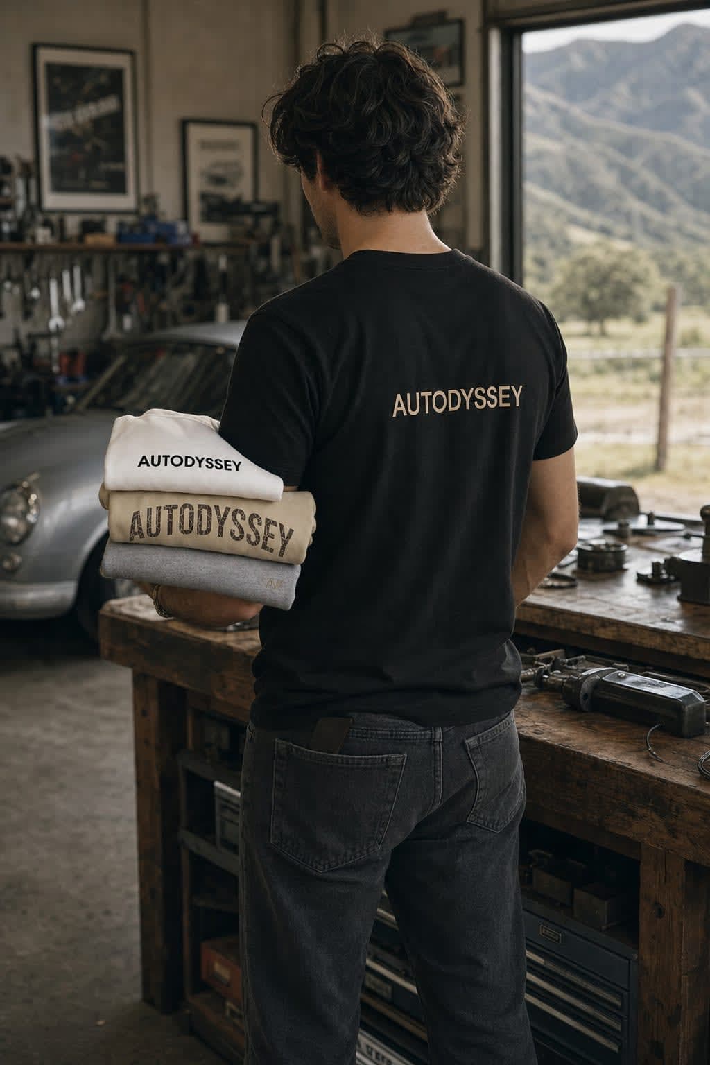 A person holding a stack of folded AUTODYSSEY tees in a garage
