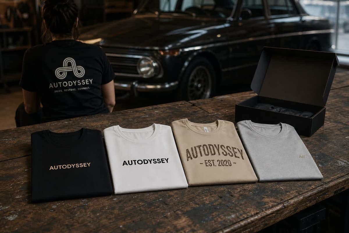The four AUTODYSSEY tees lined up on a workbench beside an open black box