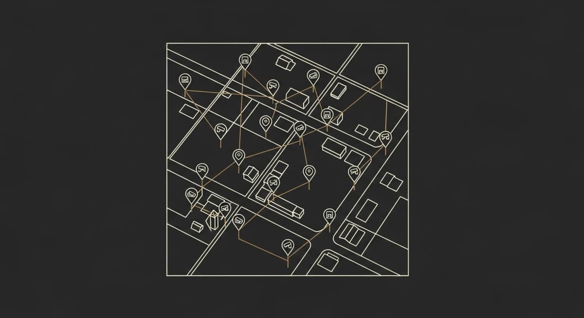 A monoline illustration of a town street grid dotted with surveillance-camera pins connected by thin lines