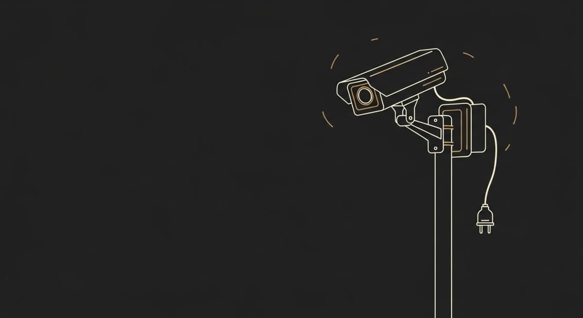 A surveillance camera on a pole, switched off with its power cord unplugged and hanging loose