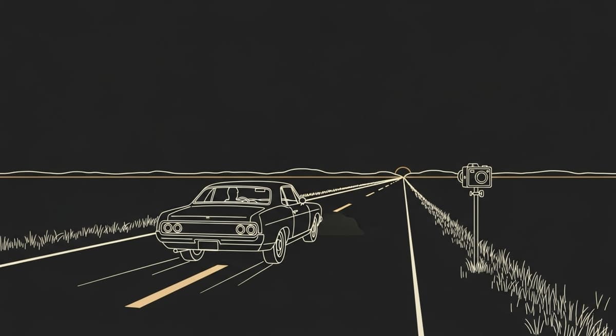 A lone classic car on an open country road at dusk, a small camera on a pole watching it drive away