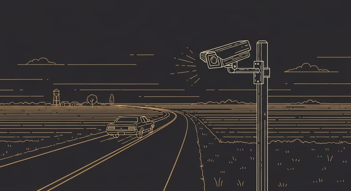A lone automated license-plate-reader camera on a pole watching an empty rural Minnesota road, a single car driving away toward the horizon
