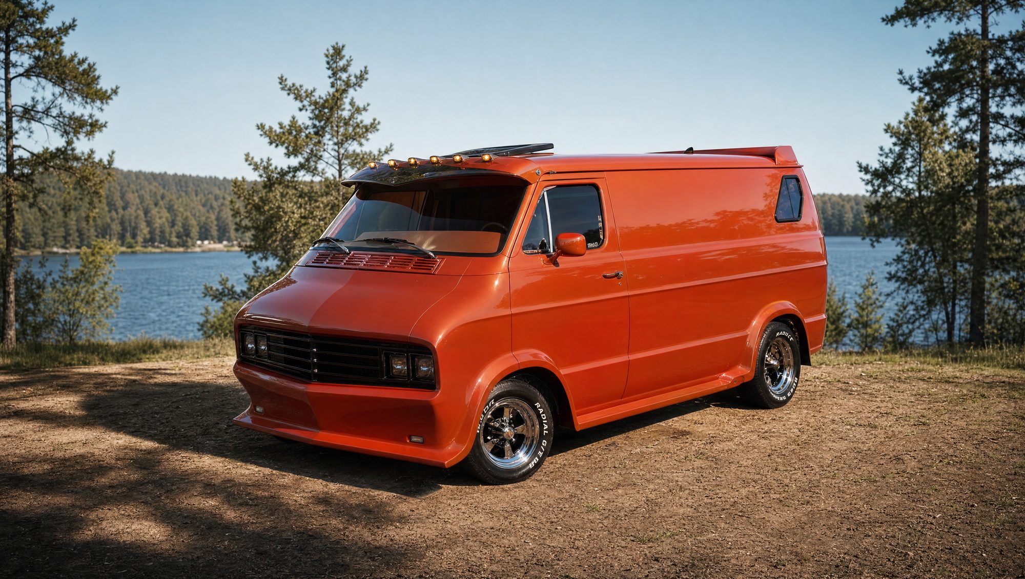 Scarlet Fever, a scarlet 1977 Dodge B100 custom van parked beside a lake