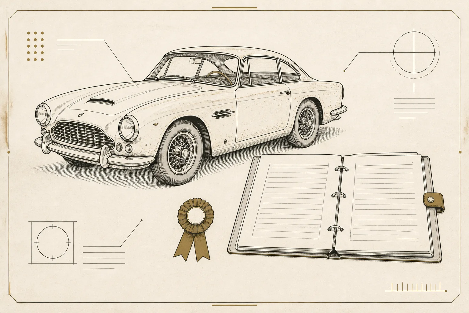 A preserved survivor coupe on a concours lawn with its original paint and a documentation binder open on a table beside it