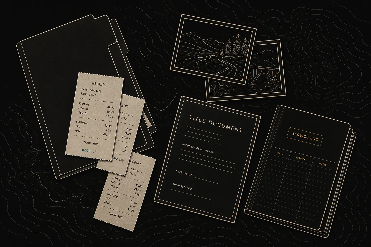 A flat-lay of a folder spilling receipts, photographs, a title document, and a service log book