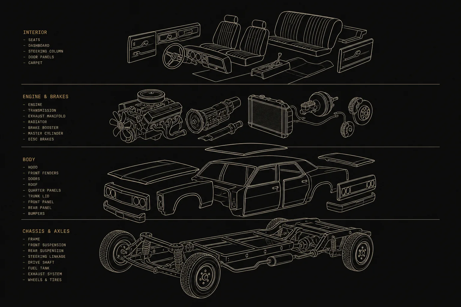 An exploded diagram of a 1970s sedan stacked by repair priority, chassis at the base and interior at the top