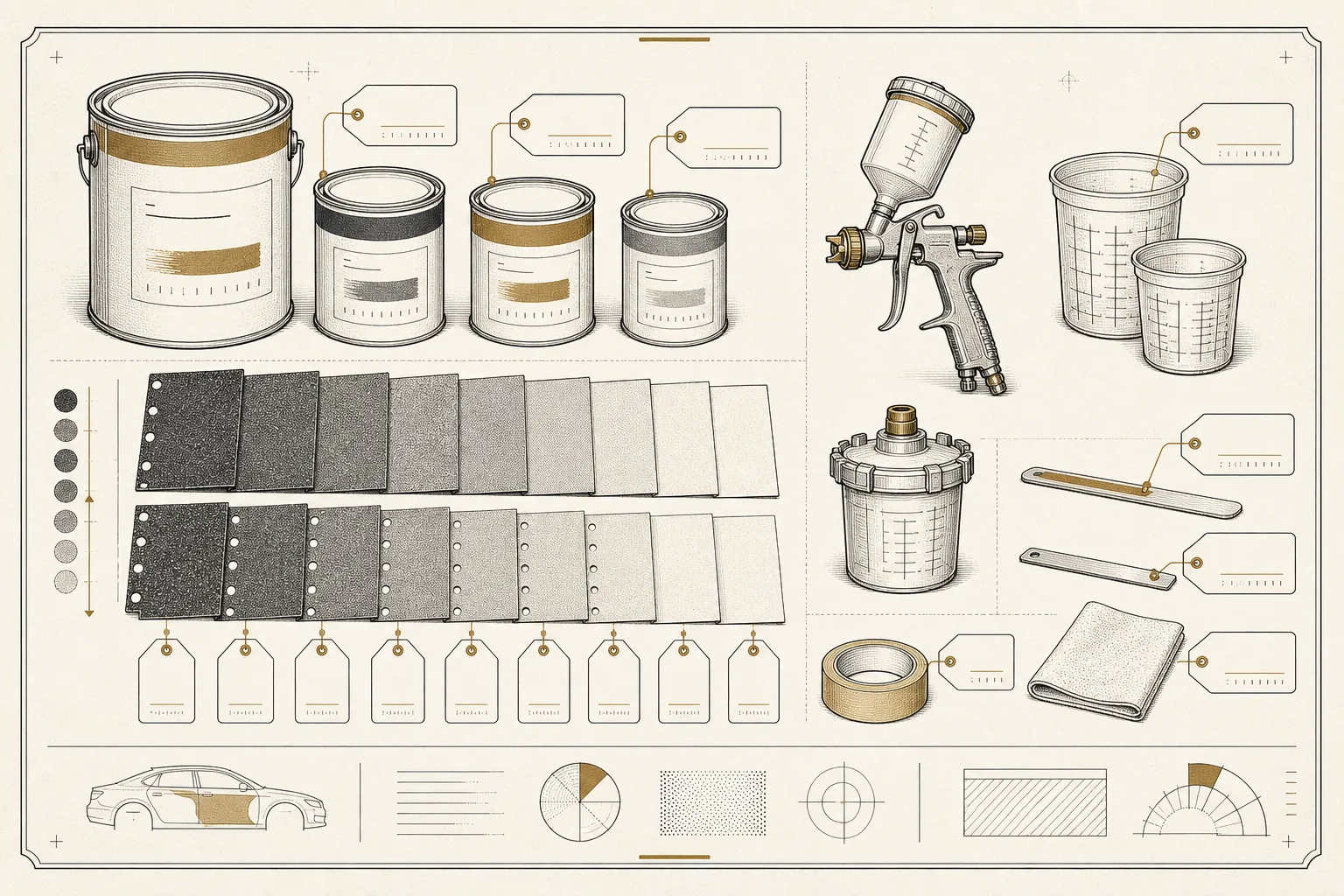 A workbench flat-lay of refinish materials with cost labels, gallons of base and clear beside sandpaper grades and a spray gun