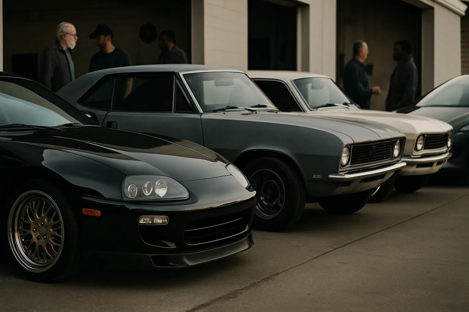 A diverse lineup of enthusiast cars at a garage meet