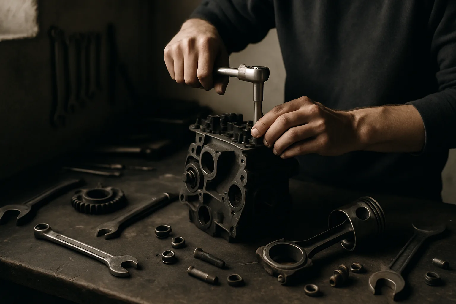 Hands repairing an engine in a home garage