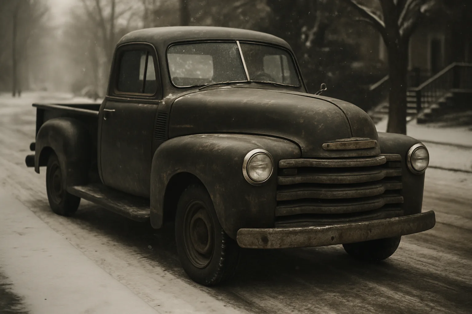 A weathered old pickup truck on a snowy street