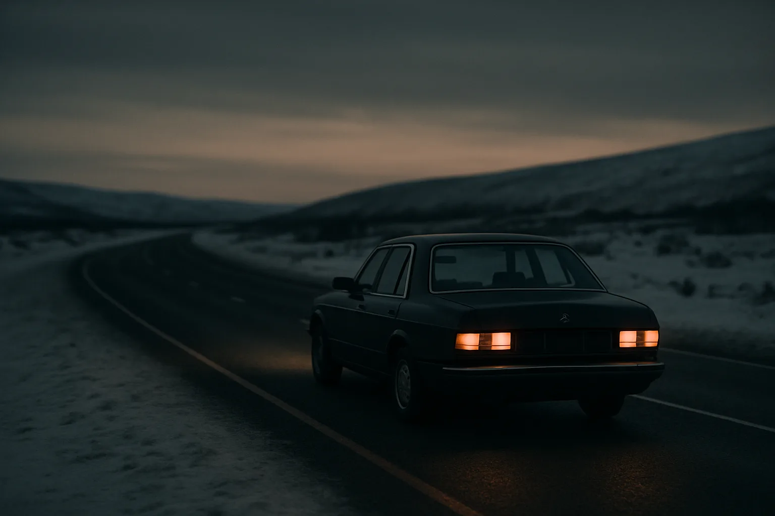A lone car stopped on a freezing highway shoulder