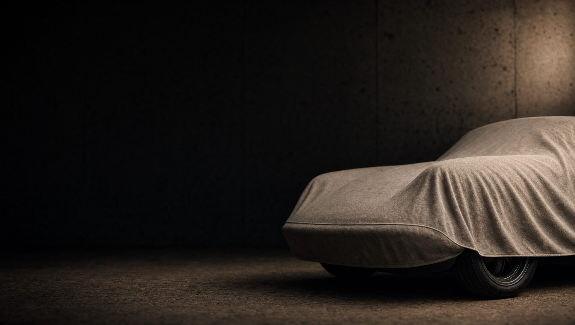 A classic car waits beneath a cloth cover in soft light.